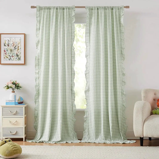 Sage Green Buffalo Plaid Curtain Panels for Kidsroom, Not-See-Through Sheer Ruffle Drapes, Shabby Chic Window Treatment for from PriceLows™