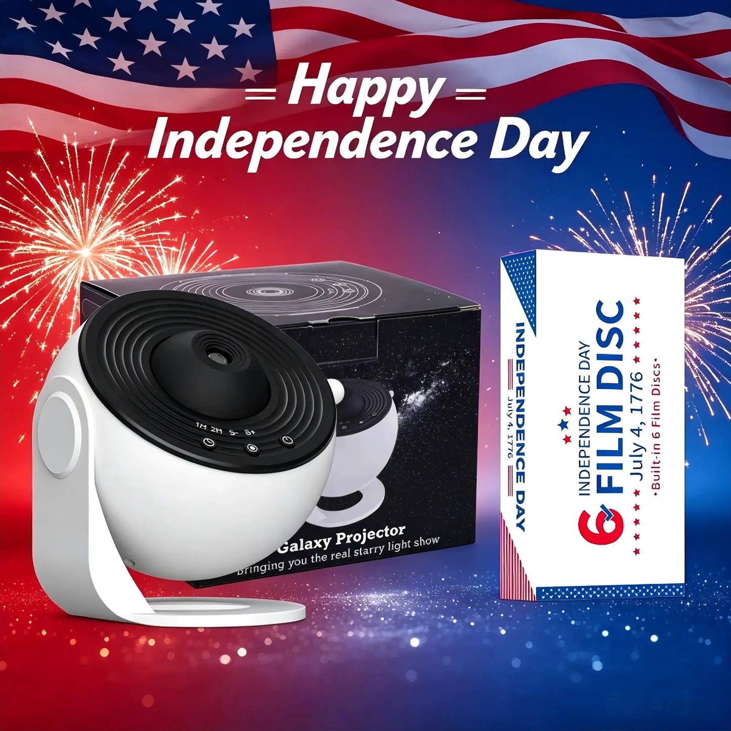 Galaxy Projector | 360 Degree Rotation | Timed and Adjustable | Patriotic Discs