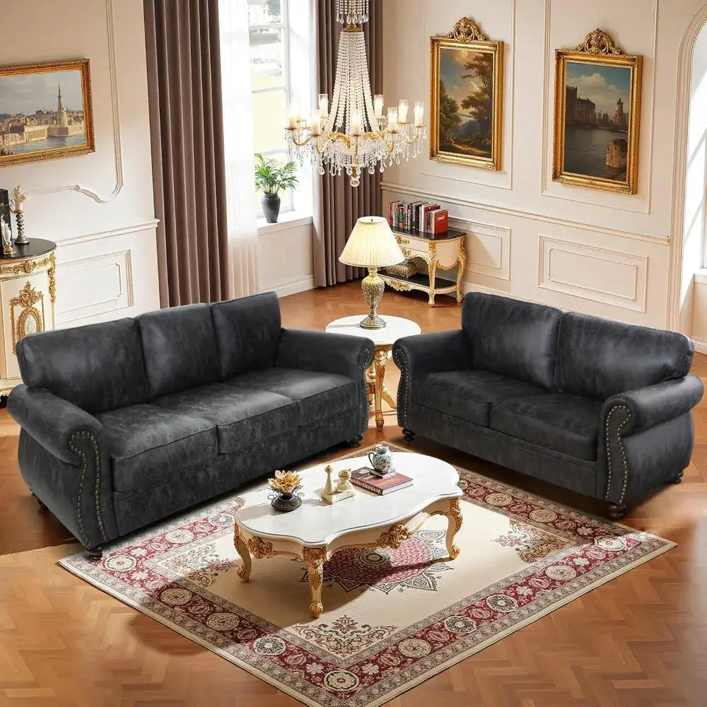 Living Room Sofa Set | Mid Century Rivet Design | Seat Depth 23 In | L-Shaped