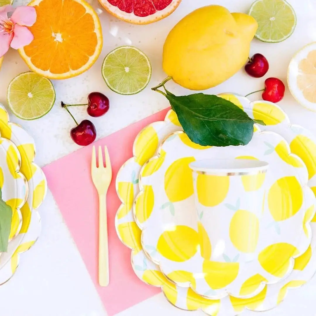 Lemon Disposable Party Tableware Set | Brown Paper Cups Plates Cake Toppers