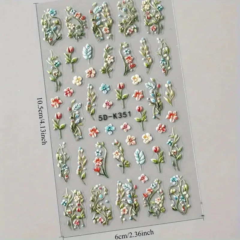5D Embossed Green Vine Floral Nail Stickers - Matte Finish Self-Adhesive Nail Art Decals with Cartoon-Style Flowers from PriceLows™