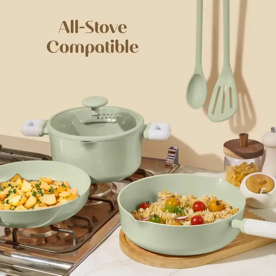 Pots and Pans Set Nonstick, Ceramic Cookware Set, Green Cooking Set Kitchen Induction Set with Steamer, PFAS PTFE Free,9 Piece from PriceLows™