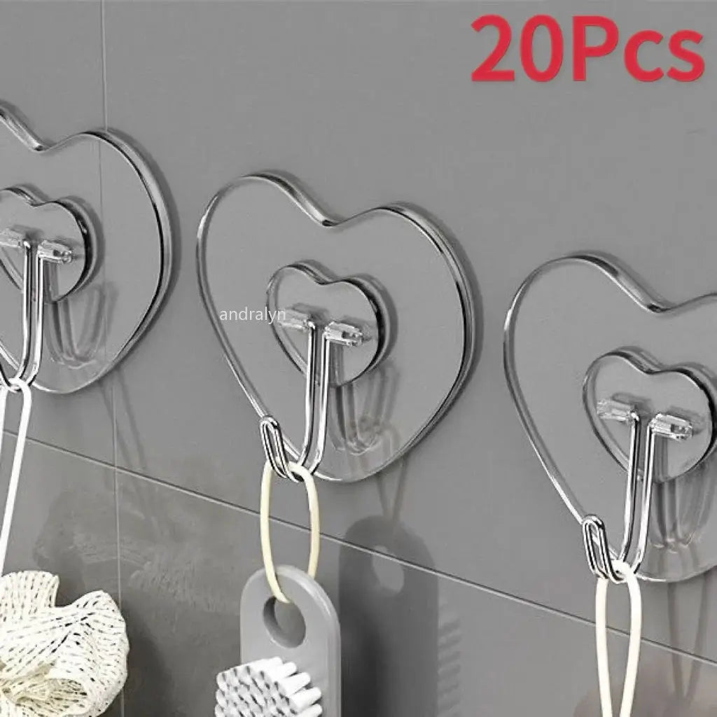 Heart Shape Transparent Hooks Non Punching Plastic Love Hangers Holder Self Adhesive Key Towel Multi-Purpose Hooks Storage Rack from PriceLows™