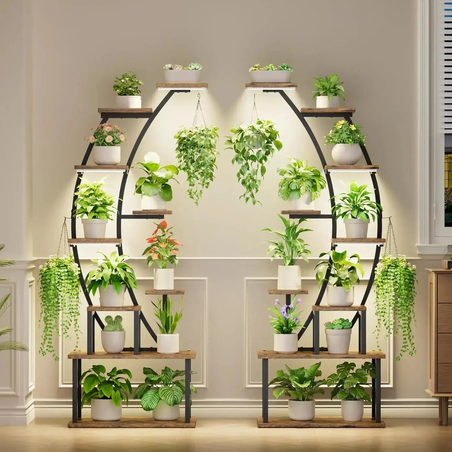 9 Tier Tall Plant Stand with Grow Lights, 64 Inch Metal Shelf for Indoor Plants, Curved Display Rack for Living Room Patio from PriceLows™