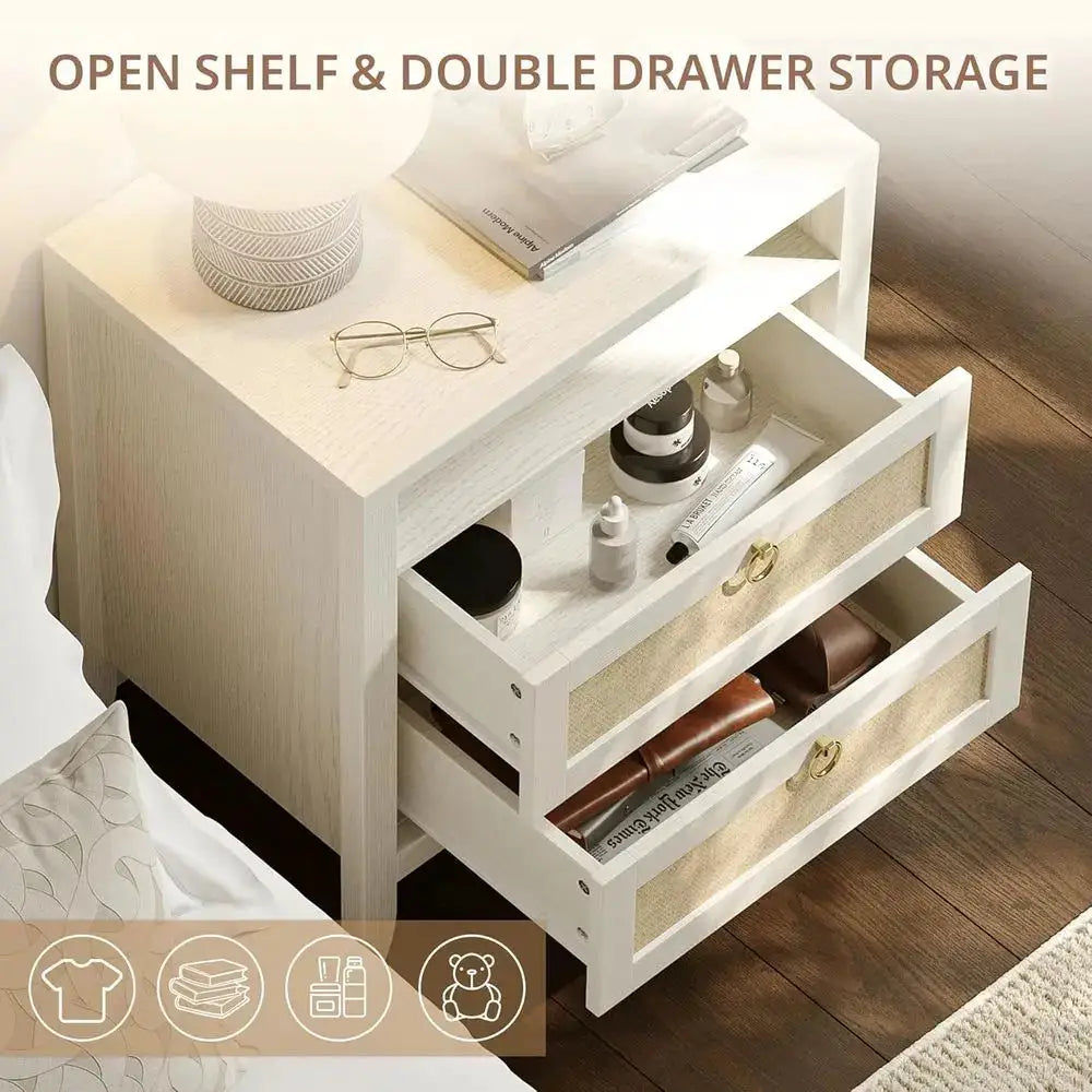 Cream White 2-Piece Rattan Nightstand Set with Charging Stations and Storage for Bedroom from PriceLows™
