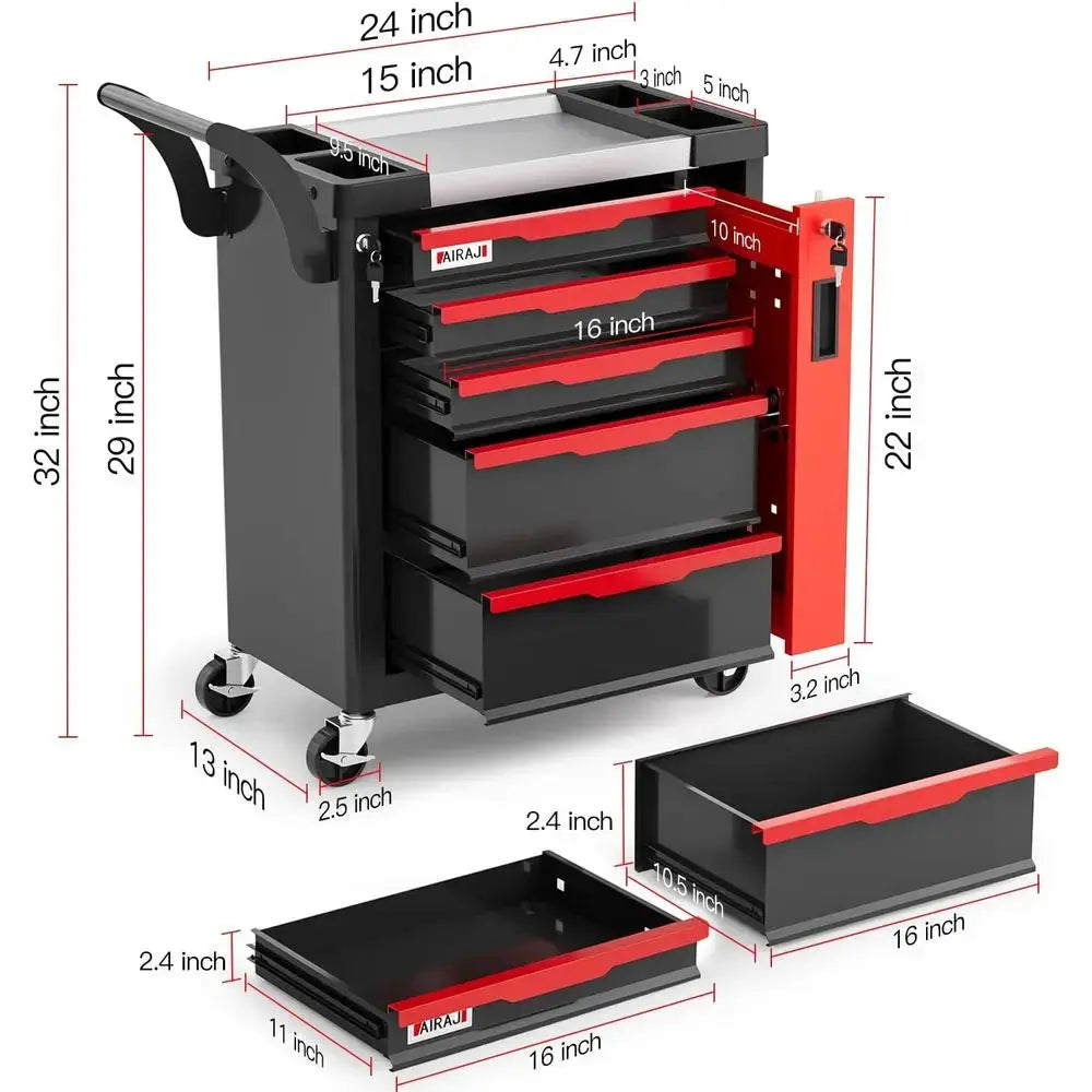 5 Drawer Rolling Tool Chest with Side Cabinet, Lockable, Garage Storage, Safety Rounded Edges, Red from PriceLows™