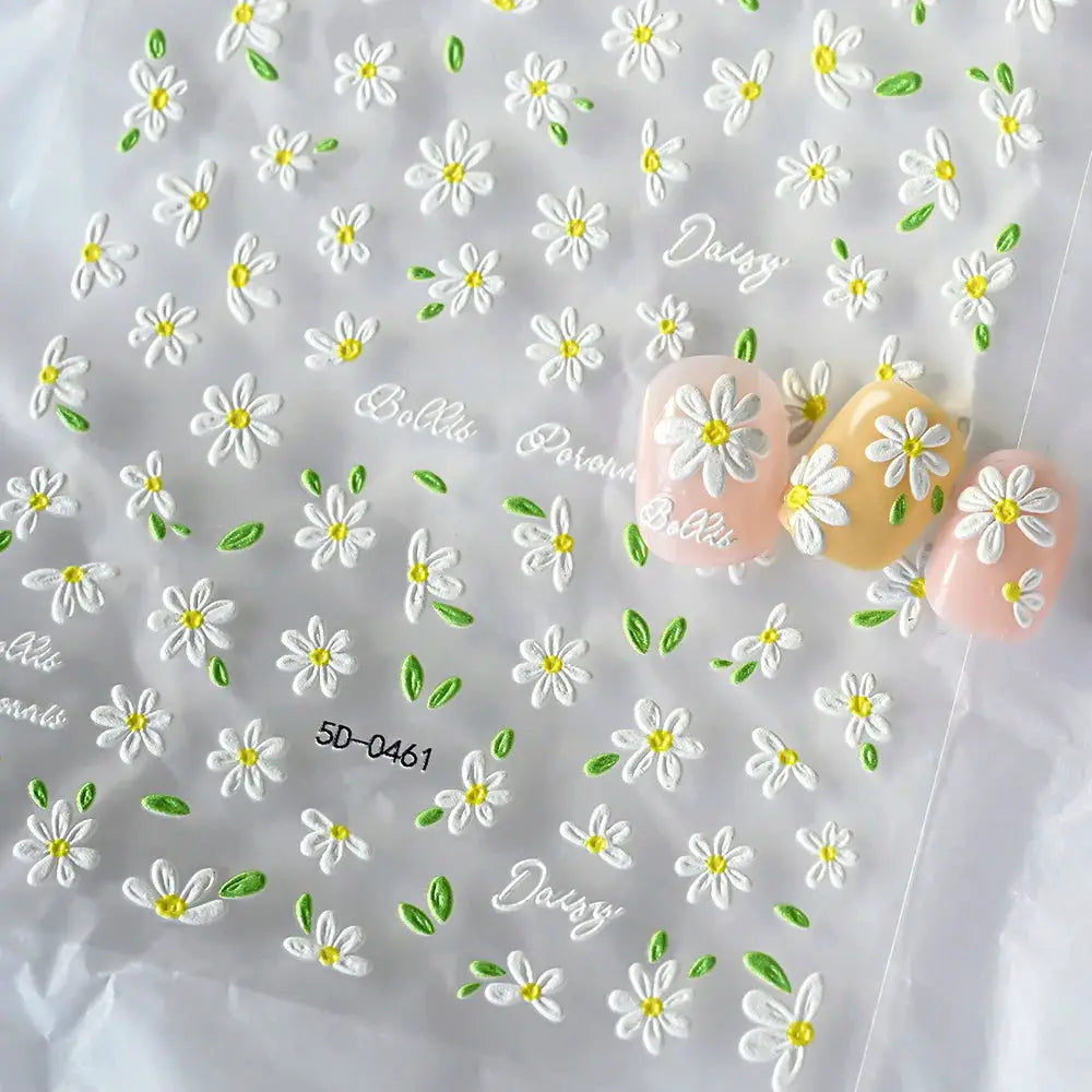 2pcs 5D White Daisy Design Nail Art Stickers Embossed Daisy Floret Green Leaf Nail Art Decals DIY Spring Summer Decor Stickers from PriceLows™