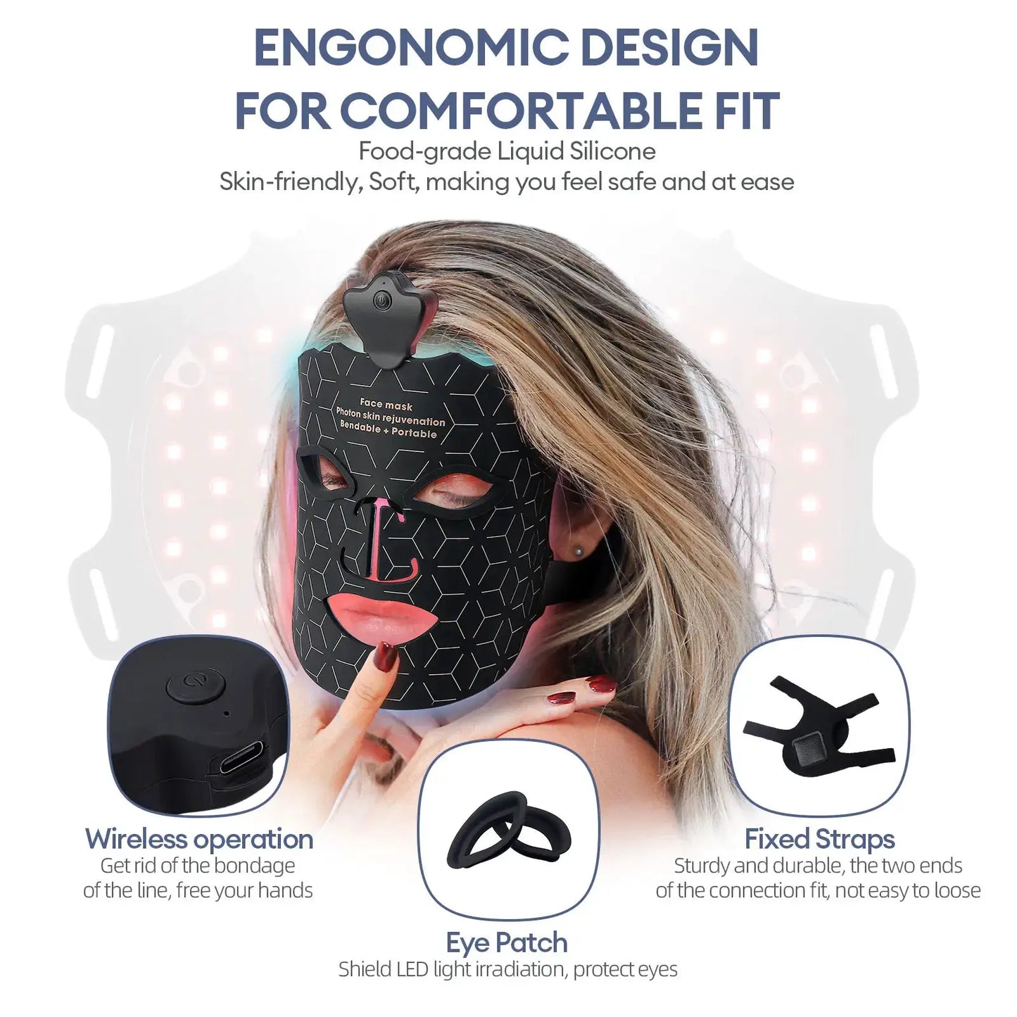 Wireless 3D Flexible Silicone LED Face Mask 7 Color Red Light Photon with Eye Protection Pad Anti Wrinkle Brightening Skin Repair Rejuvenation Facial Beauty Mask from PriceLows™