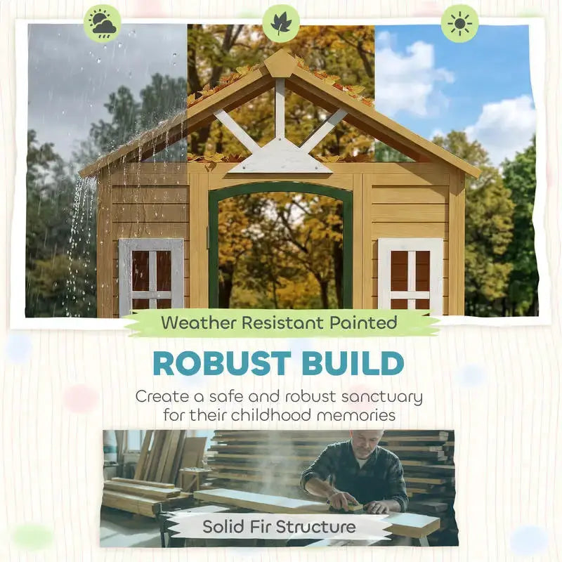 Qaba Outdoor Playhouse, Wooden Kids Playhouse with Door, 3 Windows, 2 Flower Boxes for Garden, Indoor Playroom, Ages 3–8 from PriceLows™