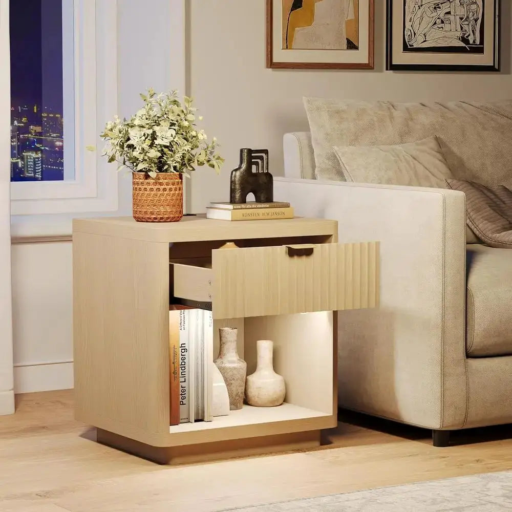 22 Wide LED-lit Wooden Nightstands Set, Large Light Wood Bedside Tables from PriceLows™