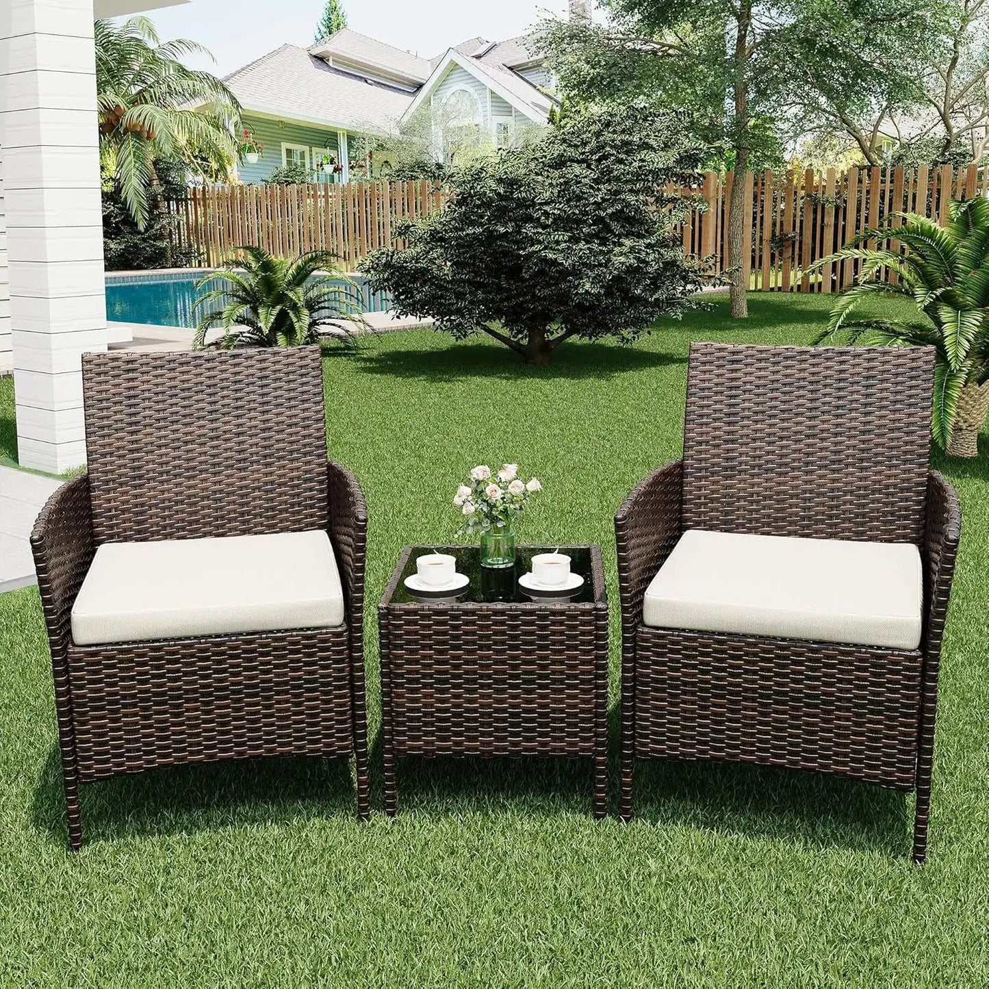 3 Piece Outdoor Patio Furniture Set, PE Rattan Wicker Chairs with Soft Cushions, Tempered Glass Coffee Table, All Weather Conversation Set for Garden Porch Poolside Balcony from PriceLows™