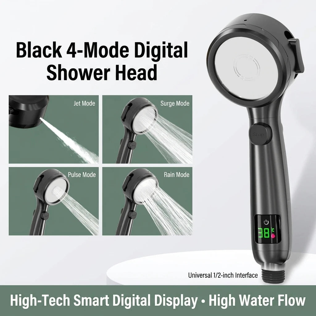 Handheld Shower Head | 4 Speed Modes | LED Temperature Display