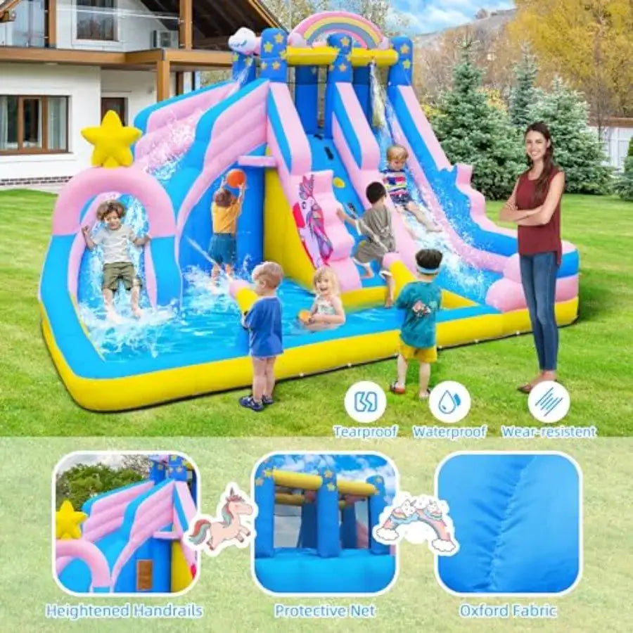 Inflatable Water Slide: 6-in-1 Bounce House Water Park for Outdoor Backyard Birthday Party PVC, Blue/Red, Heavy-Duty Vinyl with from PriceLows™
