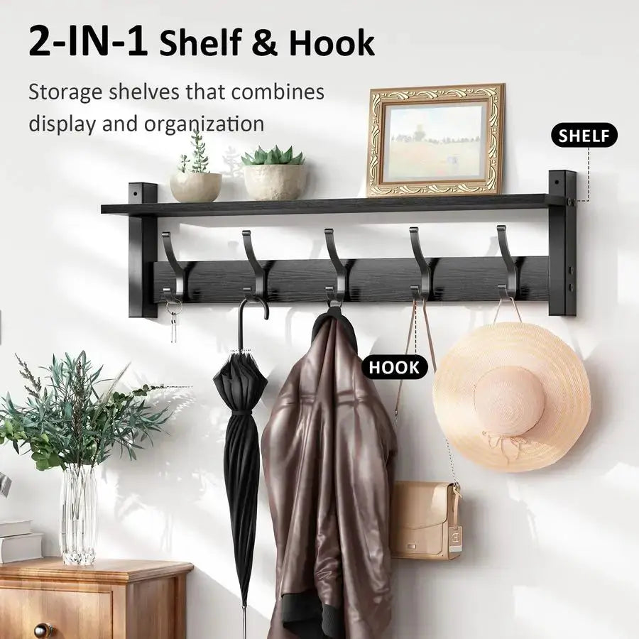 Coat Rack Wall Mount with Shelf, 24 Inch Coat Hanger Walls Mounted, Hat Rack for Walls, Shelf with 5 Coat Hooks, Wall Hanger for from PriceLows™