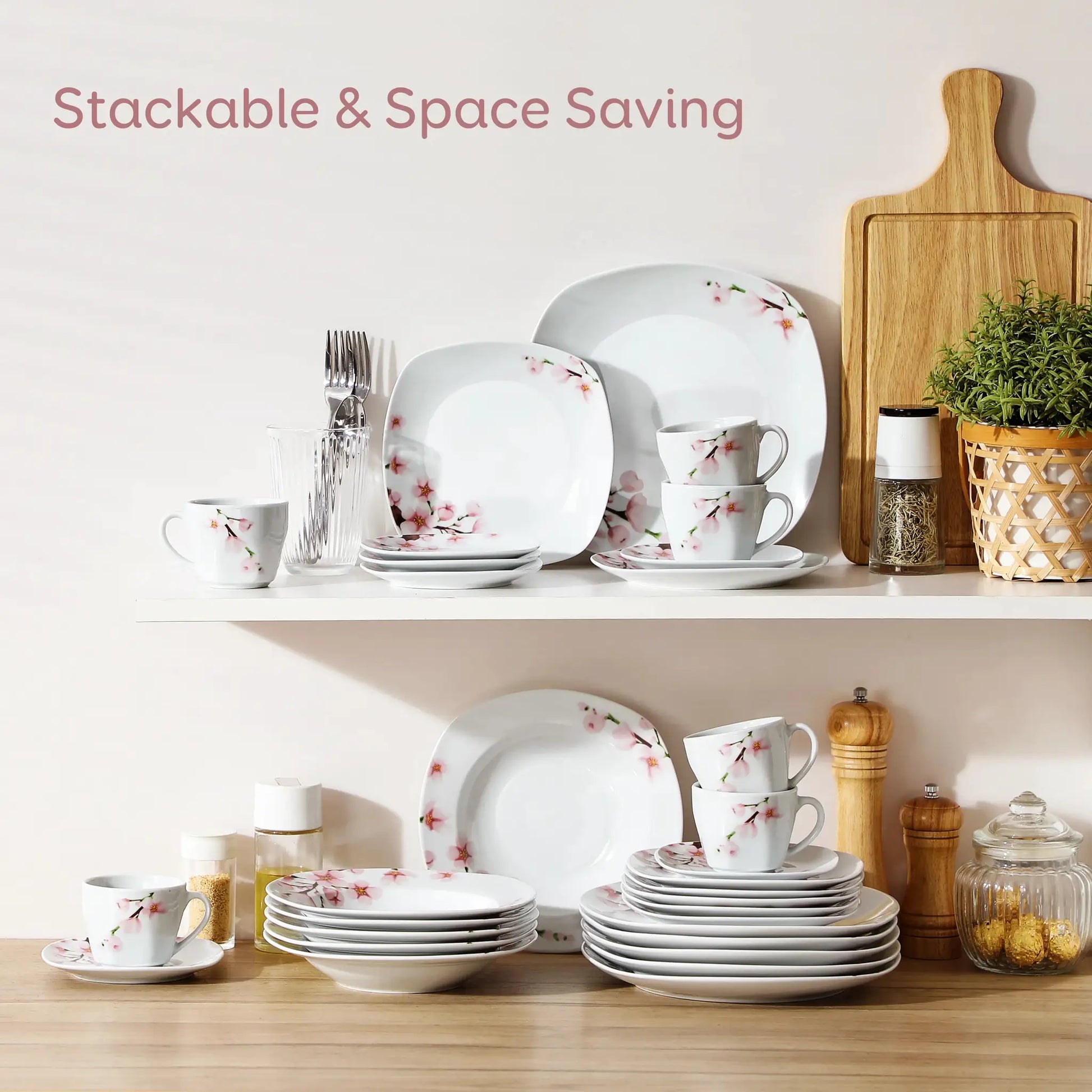 VEWEET ANNIE 30/24/20 Pcs Porcelain Dinnerware Set Pink Floral Plates Dinner Set with Dinner Plate/Dessert/Soup/Cup/Saucer from PriceLows™