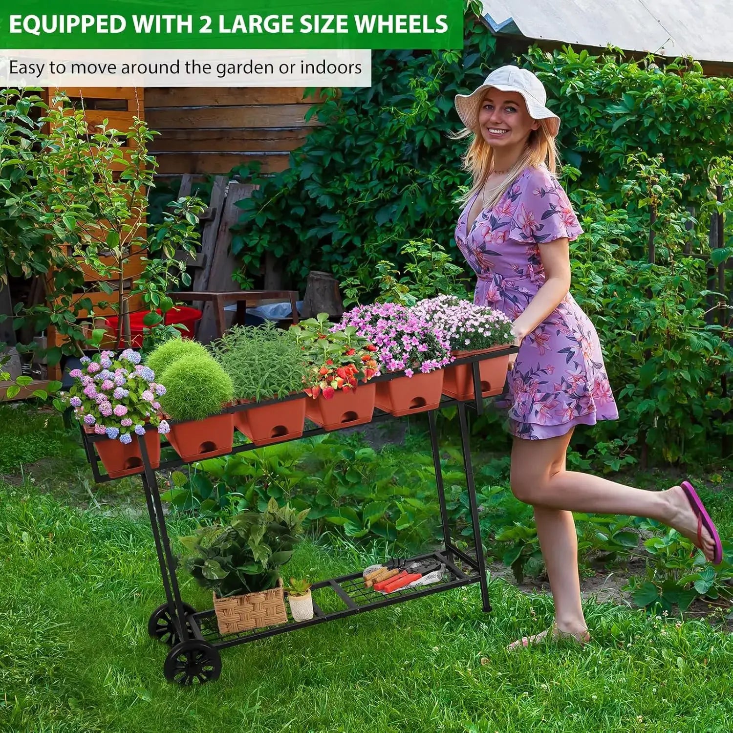 Elevated Raised Garden Bed Outdoor with Legs 43x17x29 in Plastic Standing Planter Box with Storage Shelf and Wheels Vege from PriceLows™