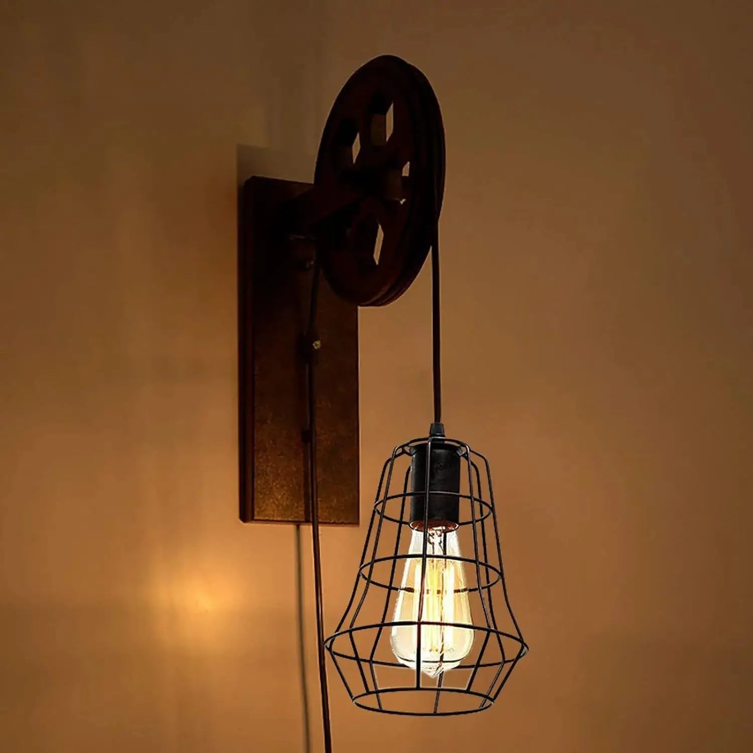 Industrial Wall Sconce Lights Lift Pulley Vintage Farmhouse Mid Century Wall Light with Iron Cage Lampshade for Indoor Lighting from PriceLows™