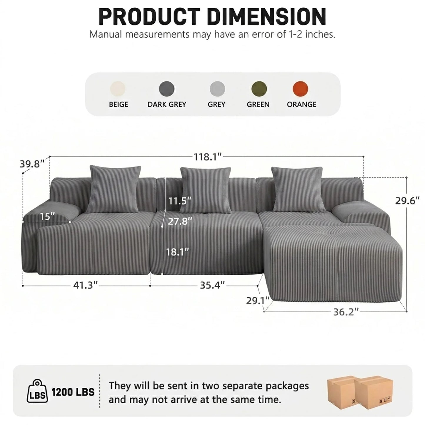 Modular Sectional Sofa | 118 Inch | L Shaped With Movable Ottoman | Beige