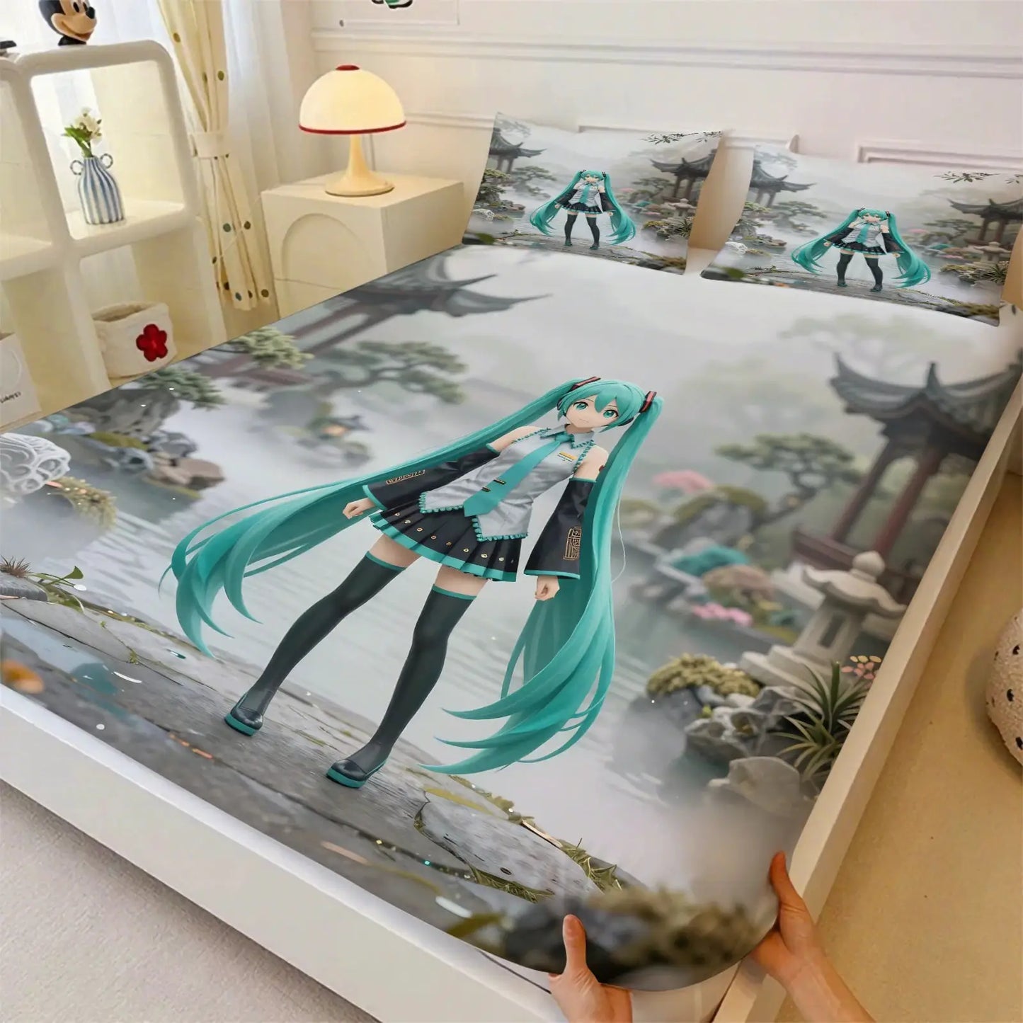 3Pcs Hatsune Miku Fitted Sheet Set with 2 Pillowcases Ink Wash Temple Anime Bedding Set Soft Deep Pocket for Fan Bedroom Decor from PriceLows™