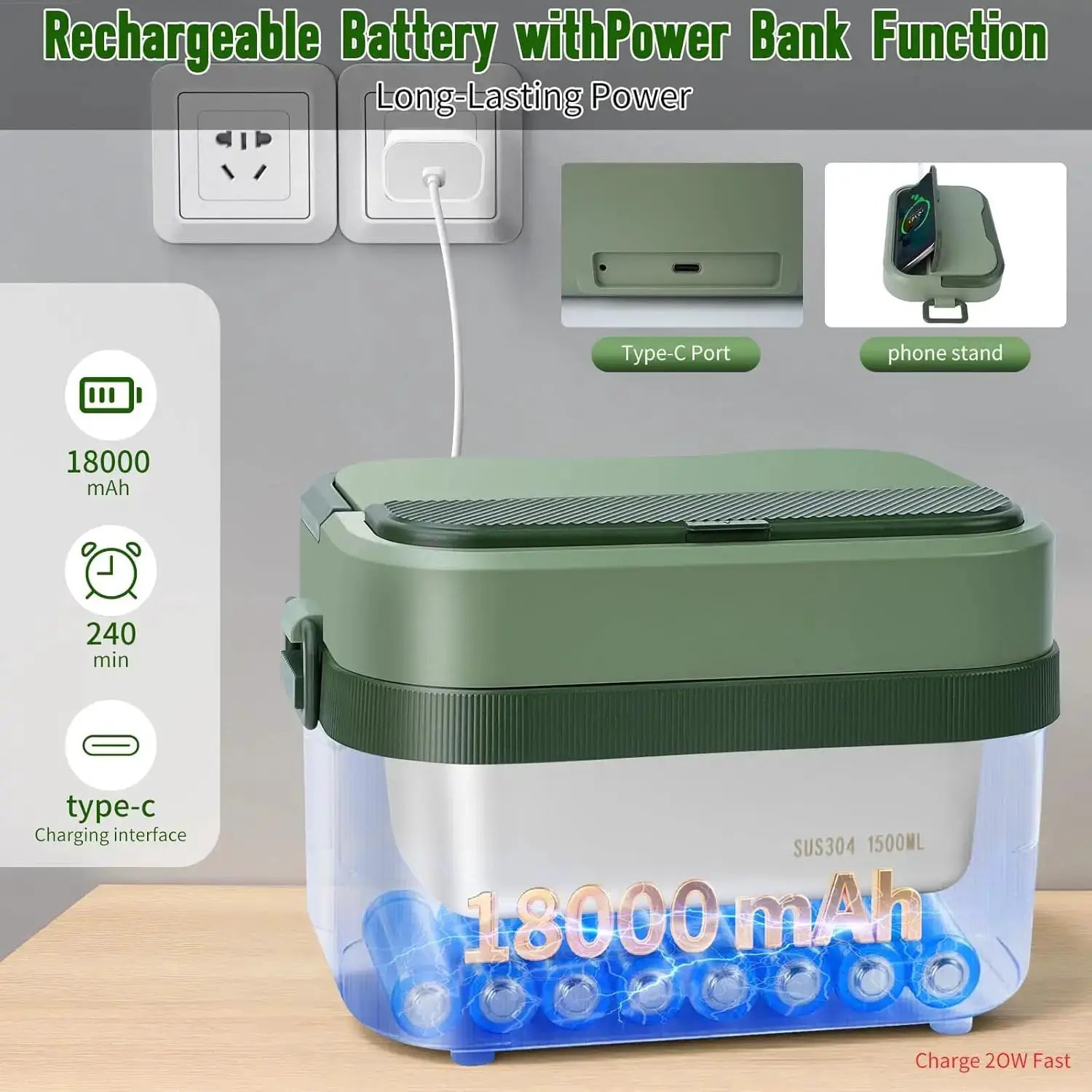 18000mAh Battery Powered Cordless Heated Lunch Box - 5-Sided Self-Heating, Smart Timer, 6.3 Cups, Leak-Proof, Portable for Work, Travel, Commuters from PriceLows™