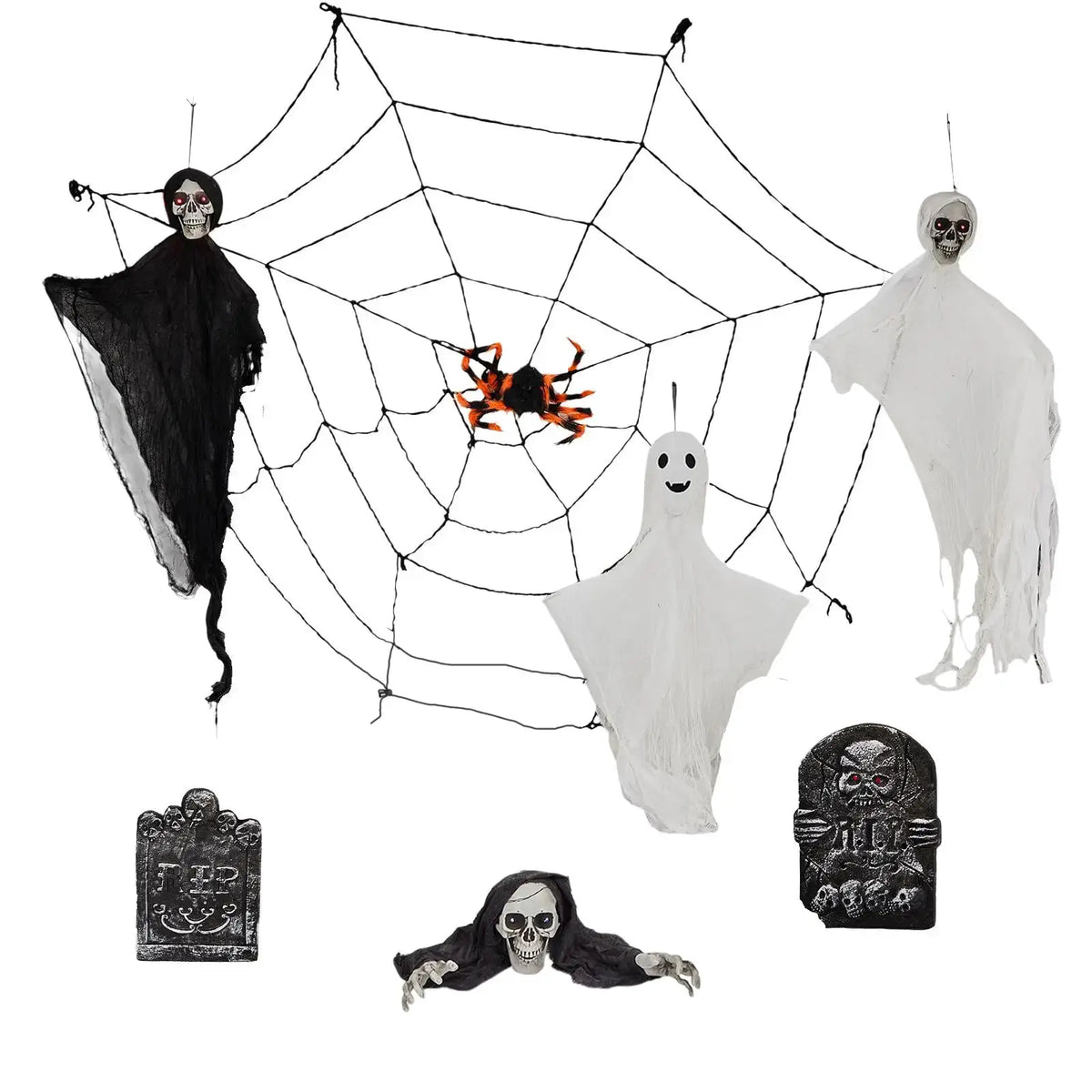 Outdoor Halloween Decor Set | 3 Hanging Ghosts | Plastic Gravestone | 8 Piece