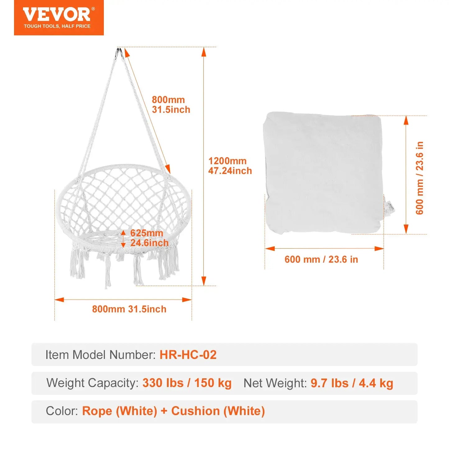 SucceBuy Hanging Hammock Swing Chair 330lbs Macramé Hanging Chair Cotton Rope Swing Chair for Bedroom Balcony Patio Garden White from PriceLows™
