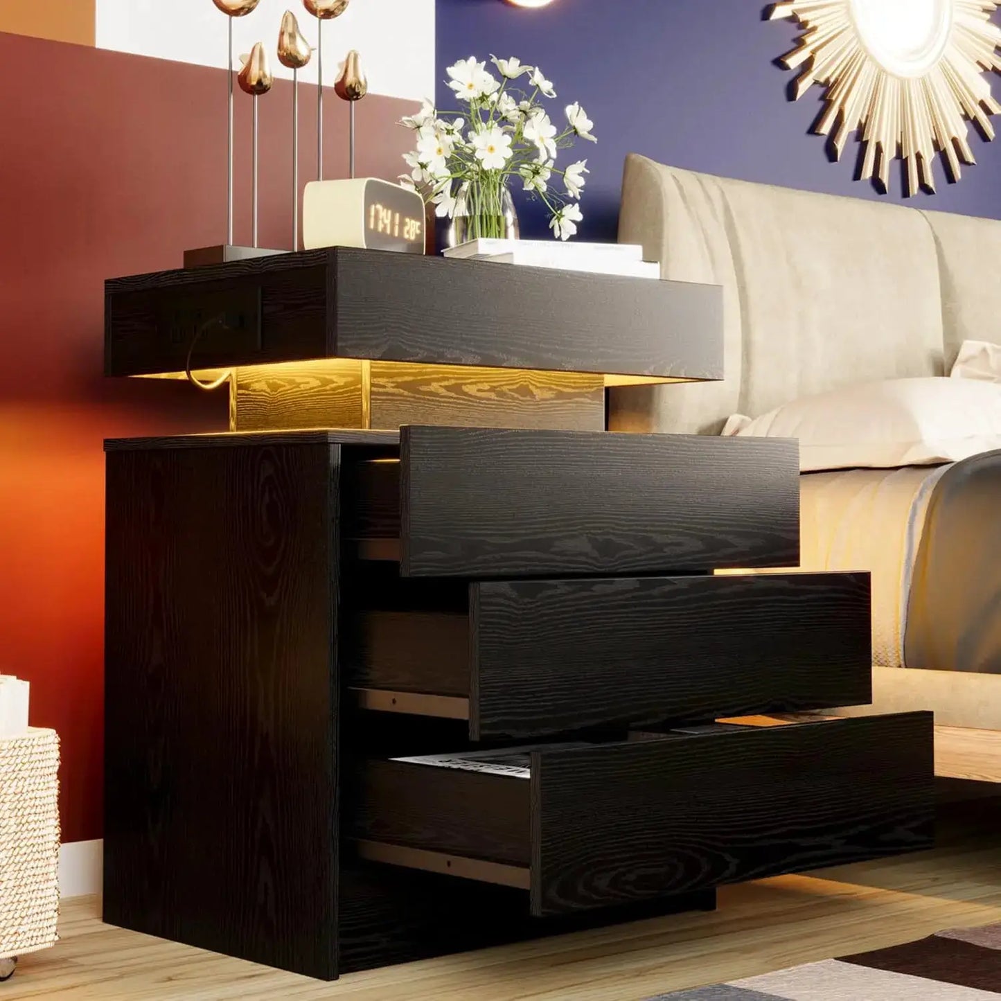 LIKIMIO Night Stand with Charging Station, Modern Nightstand with LED Light and Drawers, Bedside Tables/End Table for Bedroom from PriceLows™