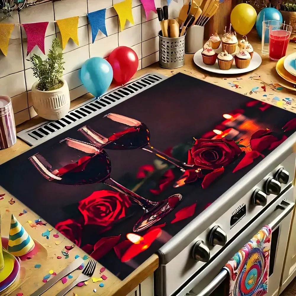 1pc Spring and summer Heat-Resistant Placemat - Non-Slip Kitchen Mat with Red Roses & Wine Glasses Design from PriceLows™