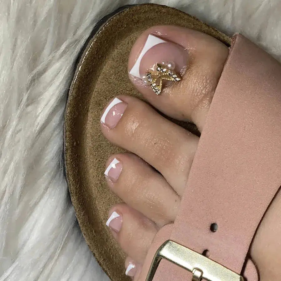 Press On Toe Nails | French Tip | Rhinestone Heart | 24 Piece Set