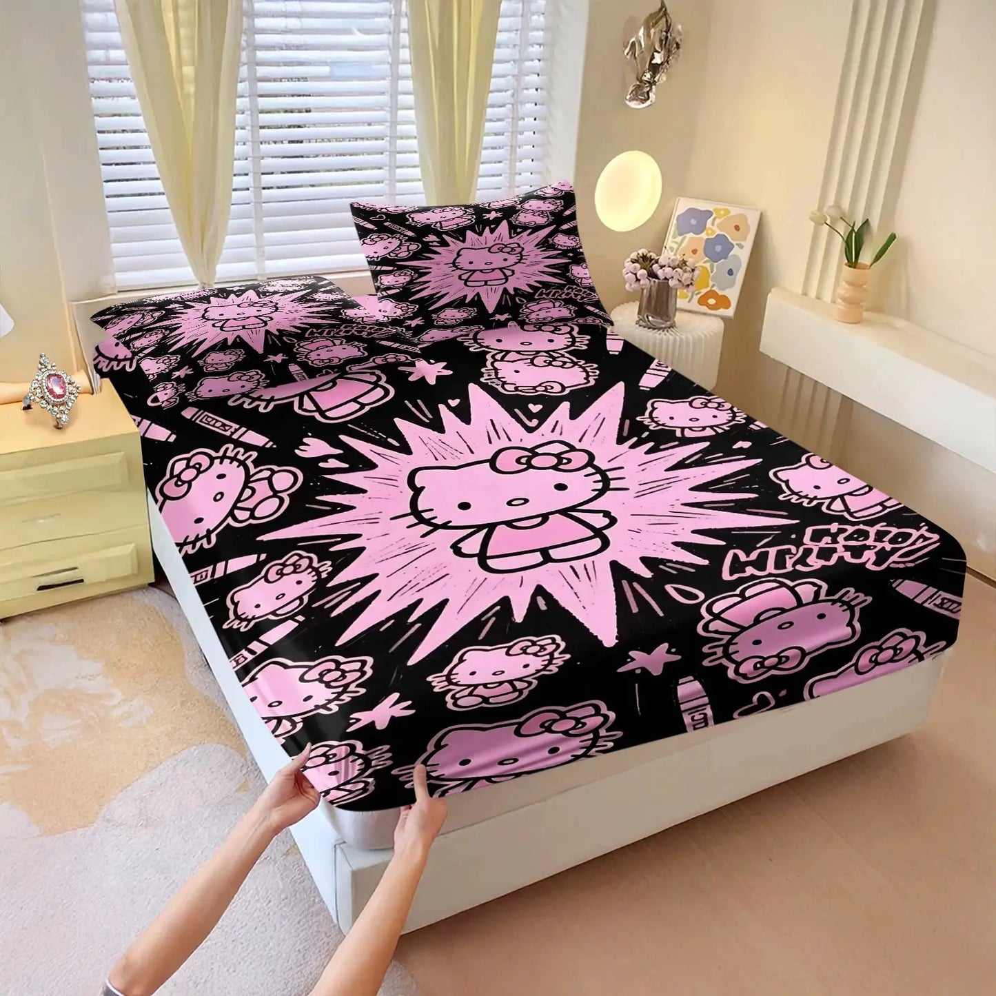 3Pcs Kawaii Hello Kitty Fitted Sheet Set With 2 Pillowcases purple Bed Sheet Soft Deep Pocket Bedding for Girls Bedroom Decor from PriceLows™