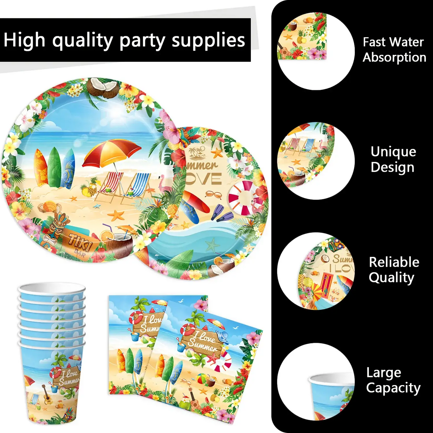 Summer Beach Party Tableware Set | Paper Plates Cups Napkins With Tablecloth