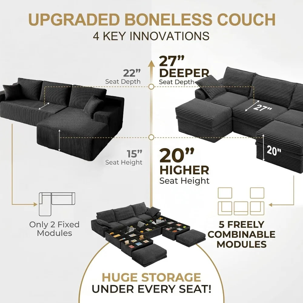 U Shaped Sectional Sofa | Depth 27in | Height 20.5in | 3 Seater Storage Ottoman