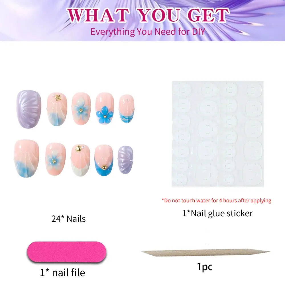 Press On Nails | Almond Shape | Whale Print Blue French Tip | 24 Piece Set