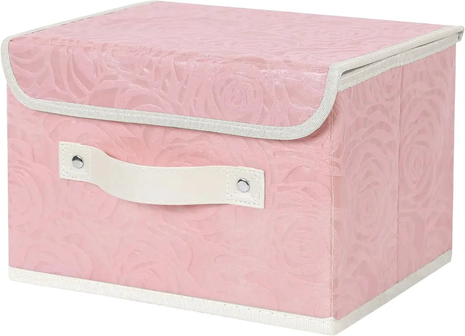 Fabric Storage Bin with Lid Rose Print Storage Box Basket with PU Leather Handles Washable PP Plastic Board Decorative Foldable Lidded Shelf Cubes Closet Organizer Container - Pink, Small Size from PriceLows™