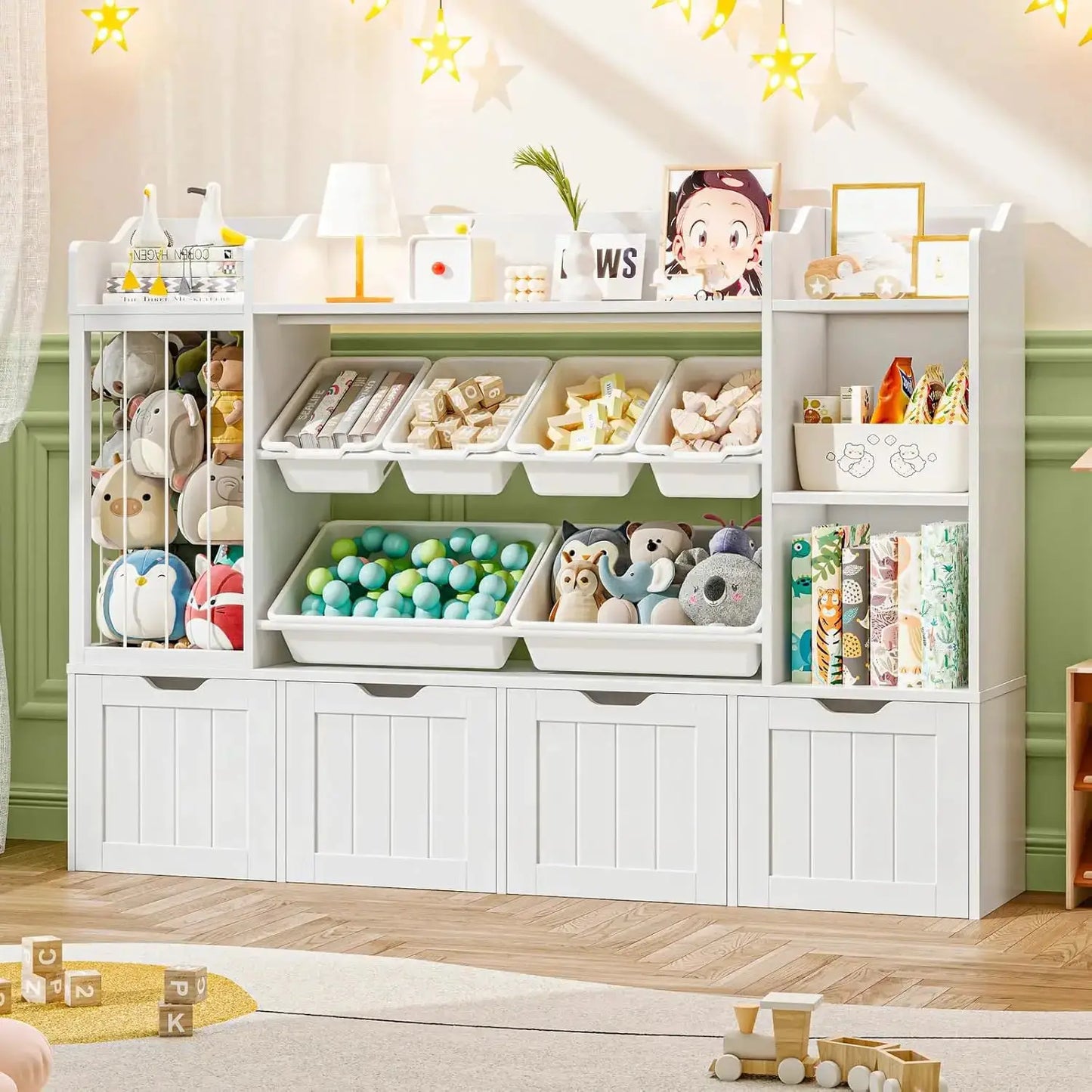 Kids Toy Organizer with 3 Movable Drawers, Multi-Functional Storage Cabinet Bookcase with 6 Toy Bins for Room, White from PriceLows™