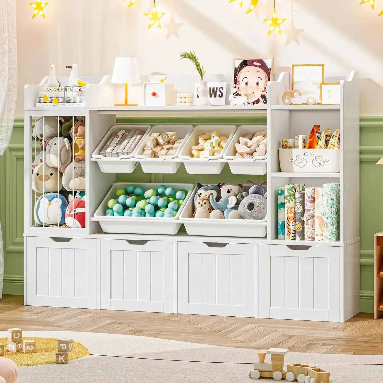 Kids Toy Organizer with 3 Movable Drawers, Multi-Functional Storage Cabinet Bookcase with 6 Toy Bins for Room, White from PriceLows™