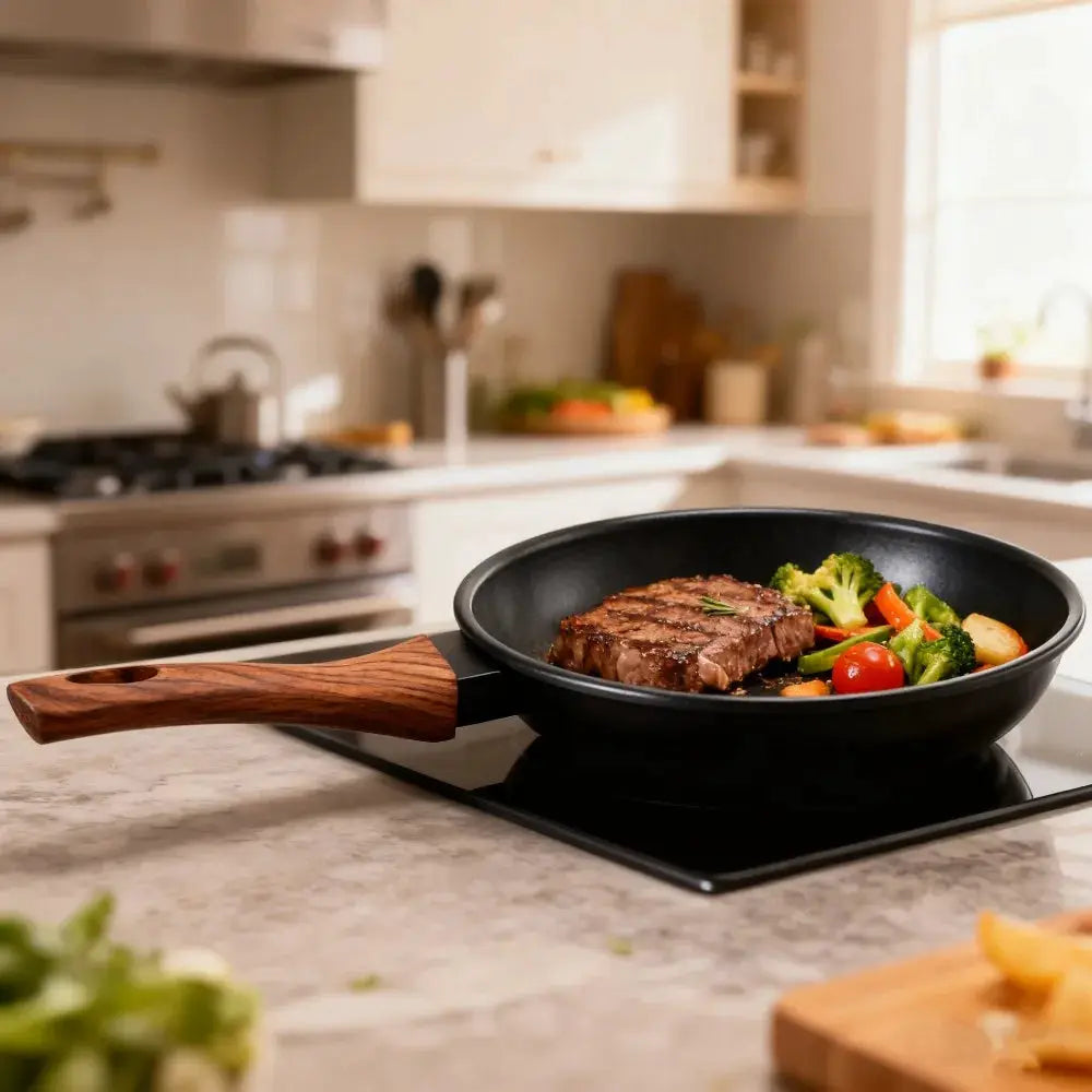 Woodgrain Handle Ceramic Cookware Set, 20pcs Nonstick Pots & Pans, Stackable Kitchen Set for Induction Hob, Complete Cooking Solution in Black from PriceLows™
