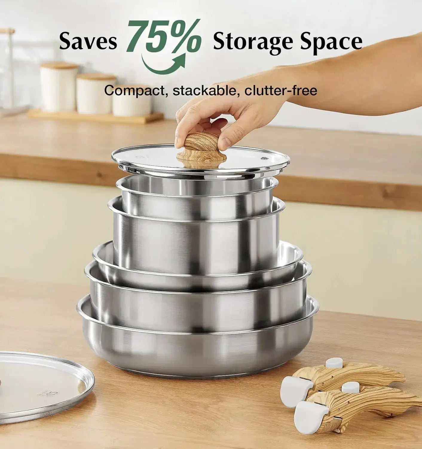 Stainless Steel Cookware Set, 18/10 Stainless Steel Pots and Pans Set 11PCS, Detachable Handle Pots and Pans for Easy Storage from PriceLows™