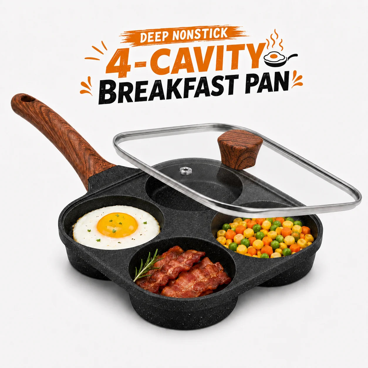 Egg Frying Pan | 4-Section Divided | Aluminum Alloy | With Glass Lid