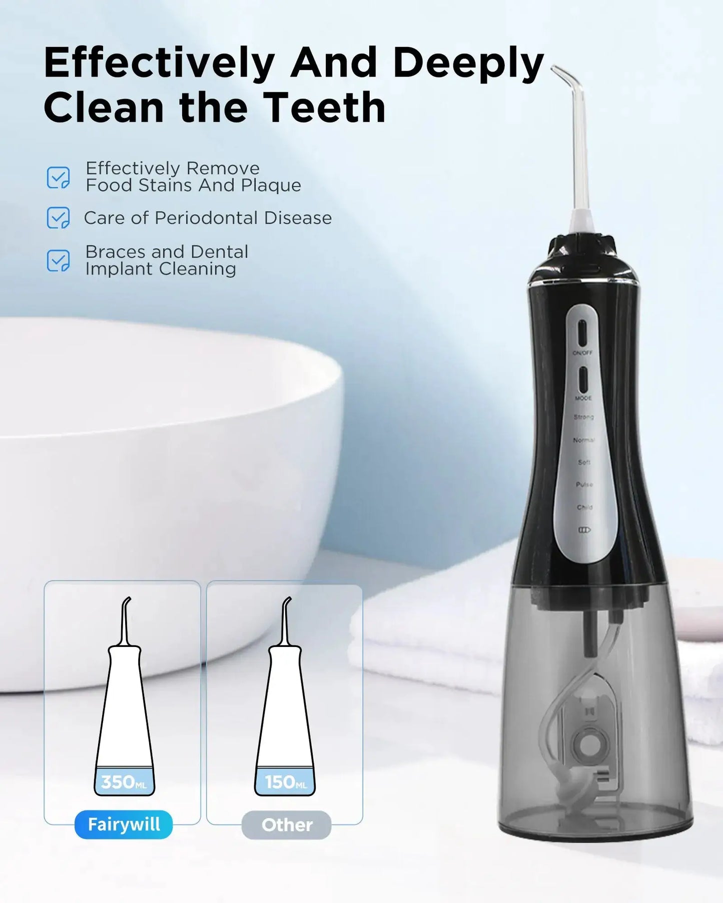 Water Flosser | 5 Modes | 350ml Tank USB Rechargeable Waterproof Portable | One Size