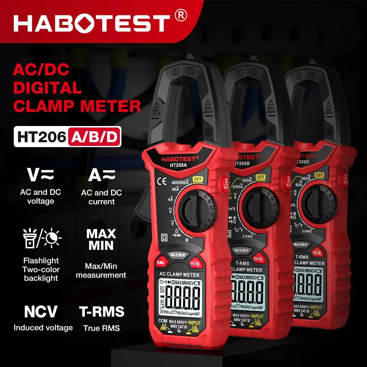 HABOTEST HT206 Clamp Meter DC/AC Current 600A Digital Clamp Meter Ammeter Voltage Tester Amp Hz Capacitance NCV Ohm Test from PriceLows™