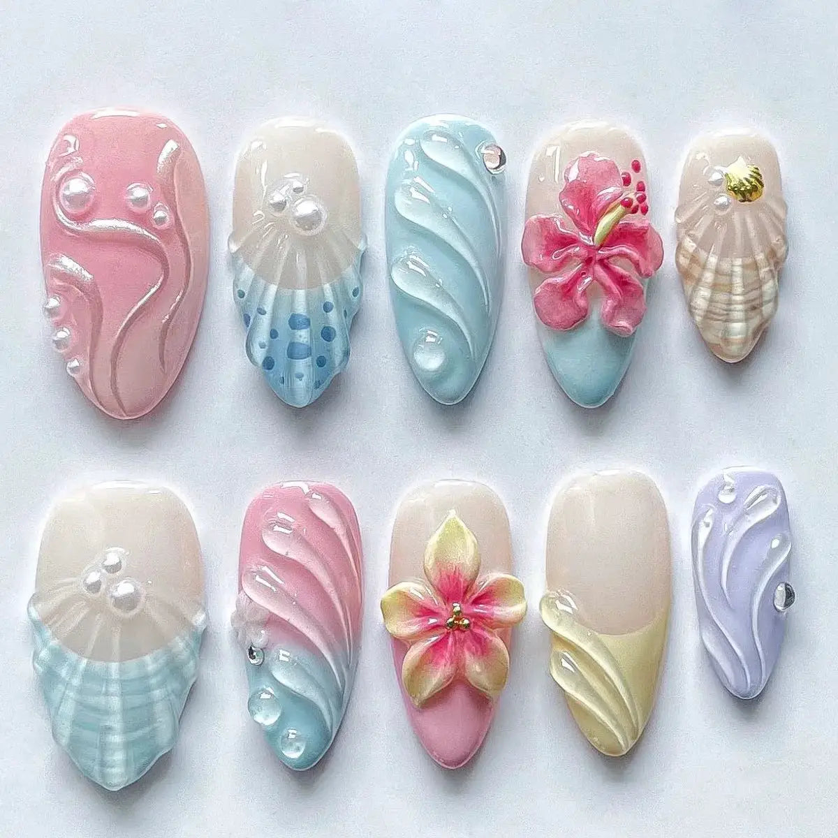 Almond Press On Nails | Acrylic Finish | Pearl Flower Design | 24 Piece Set