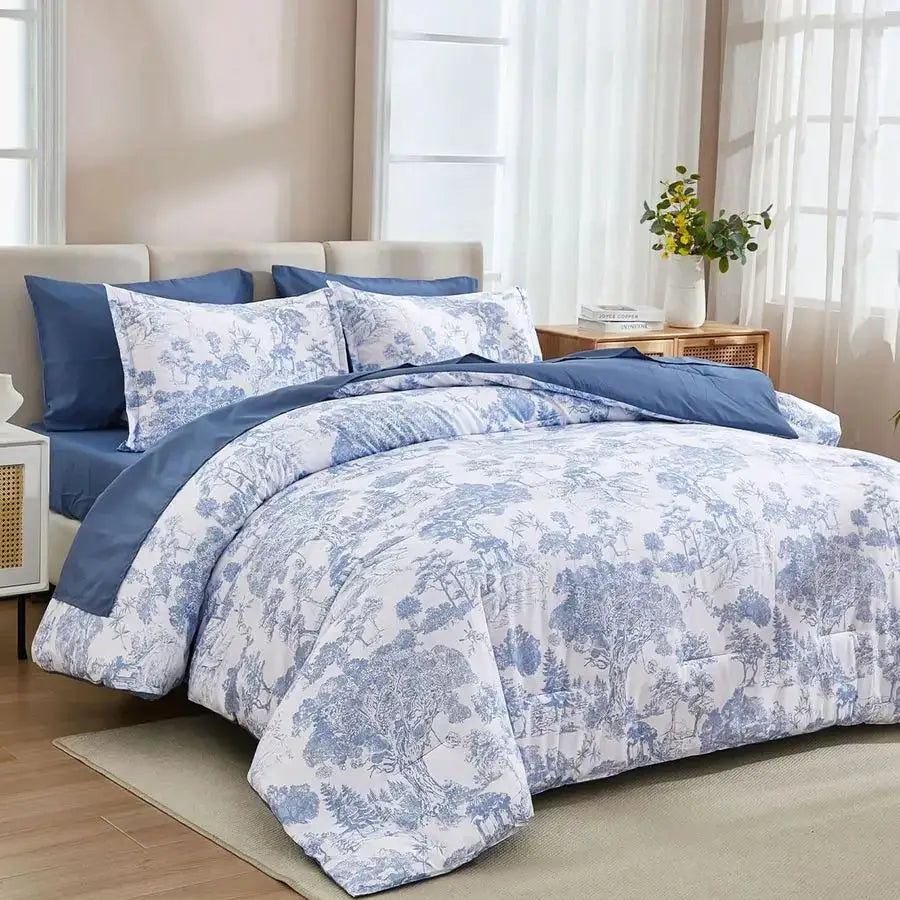 Blue Comforter Set Queen, 7 Pieces Bed in a Bag Queen Size Botanical Comforters with Sheets Elegant Plants Print Soft Microfiber from PriceLows™