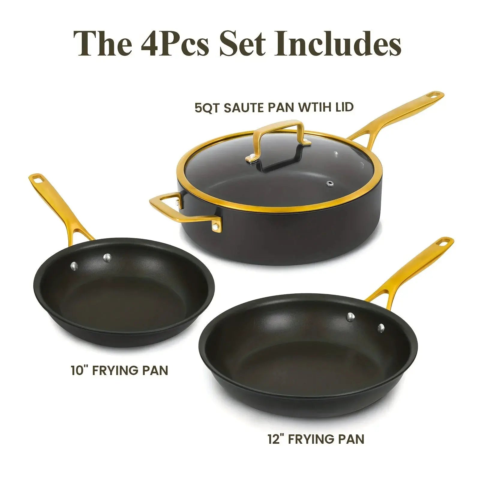 4pcs Hard Anodized Nonstick Cookware Set - Black Pots & Pans with Golden Stainless Steel Handles, Oven & Dishwasher Safe from PriceLows™