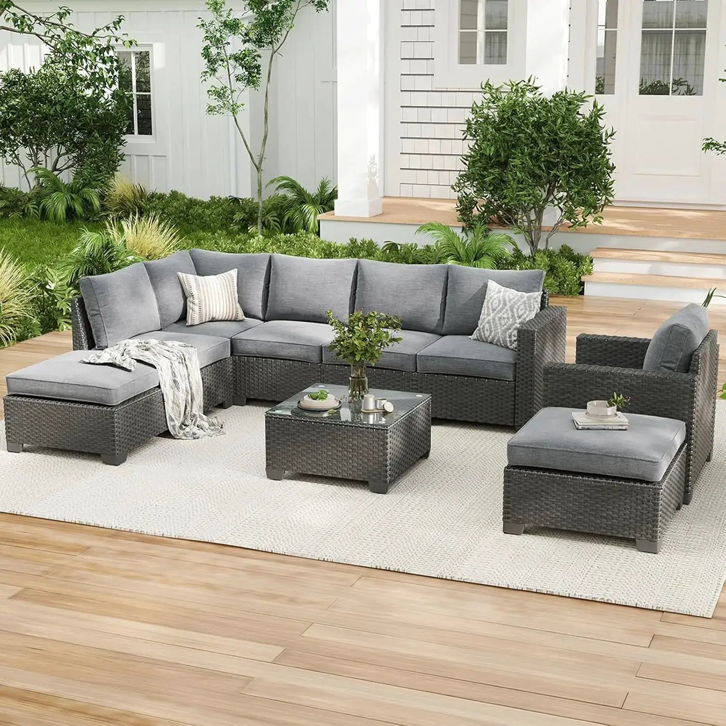 Farini Patio Sectional Sofa Set, Outdoor Furniture with Ottoman, Water/Oil/Stain-Resistant Fabric, Dark Gray Cushion + Gray Wick from PriceLows™