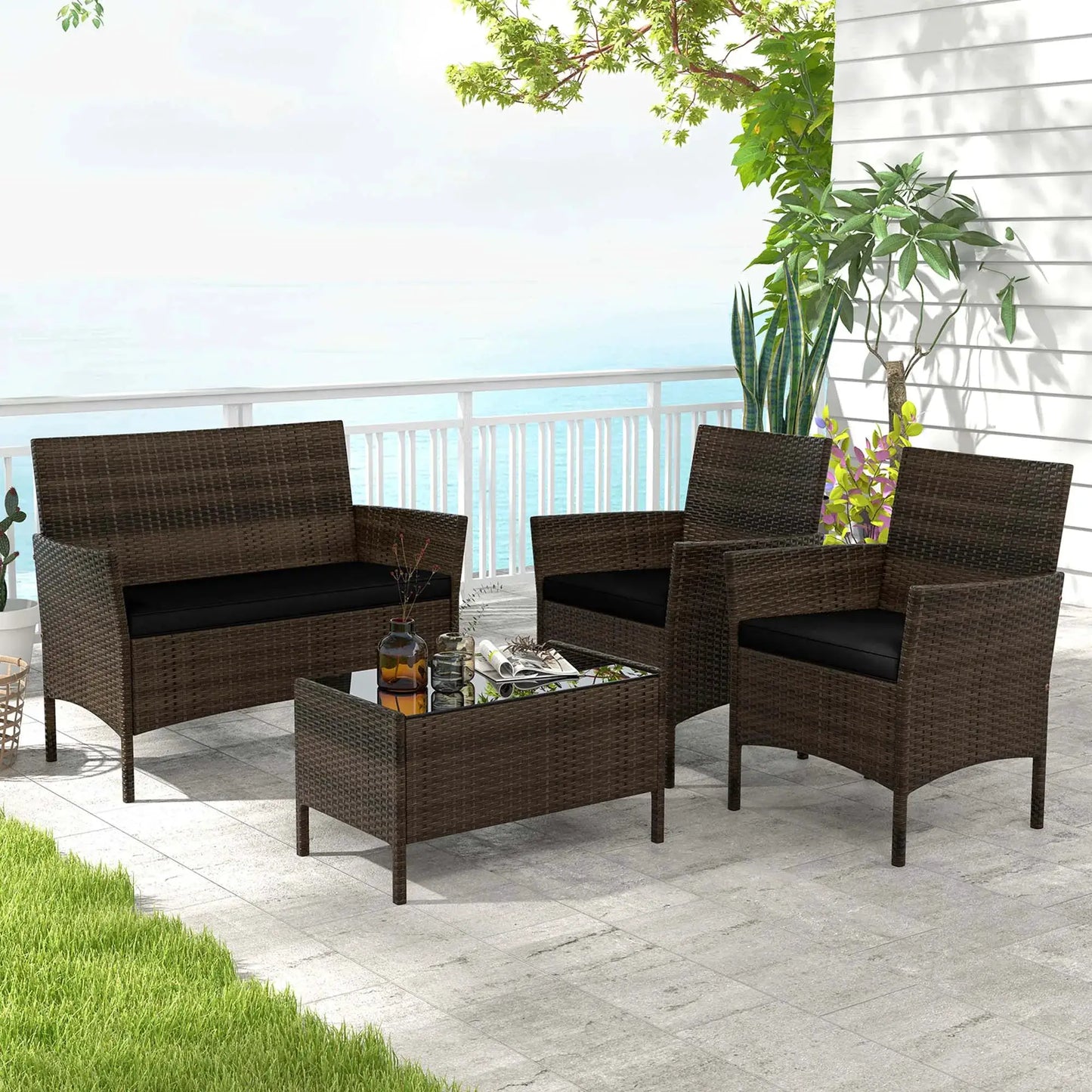 4 PCS Patio Furniture Set with Washable Cushions and Tempered Glass Coffee Table Black from PriceLows™