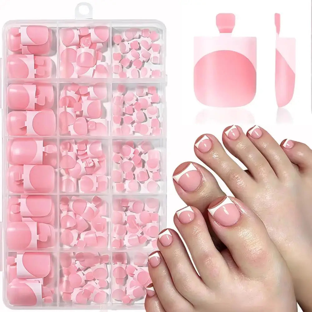 Press On Toenails | Short Square Shape | French White Tips | 150 Pcs Set