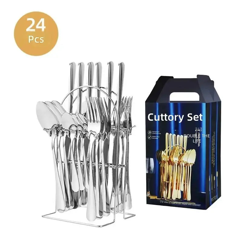 Stainless Steel Steak Cutlery Set with Gift Box, 24 Piece Western Knife Fork Spoon Household Tableware from PriceLows™