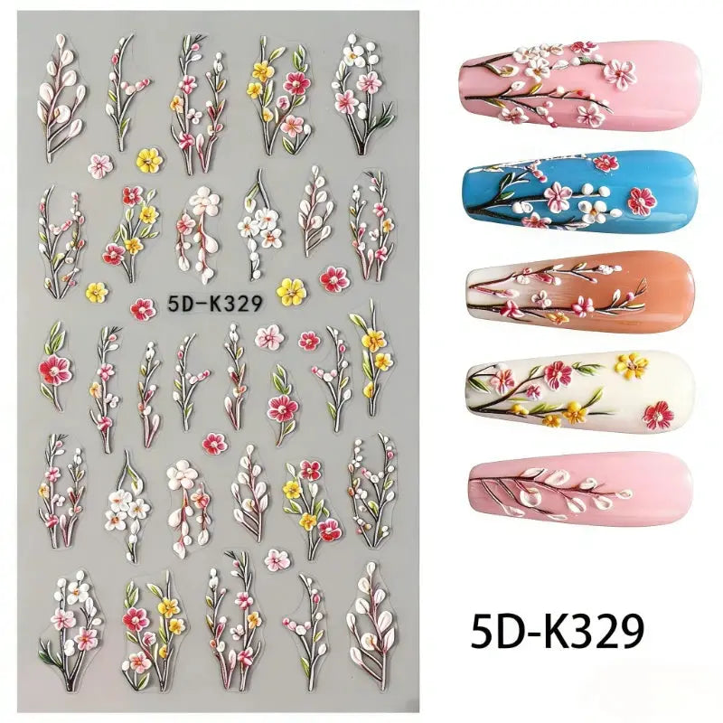 5D Embossed Green Vine Floral Nail Stickers - Matte Finish Self-Adhesive Nail Art Decals with Cartoon-Style Flowers from PriceLows™