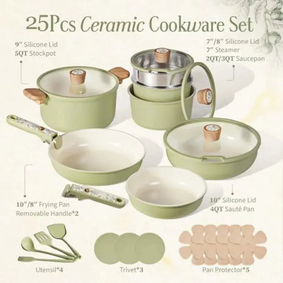 25-Piece Ceramic Cookware Set, Nonstick Pots and Pans Set with Detachable Handle, Non-Toxic Kitchen Cooking Set, Dishwasher and from PriceLows™
